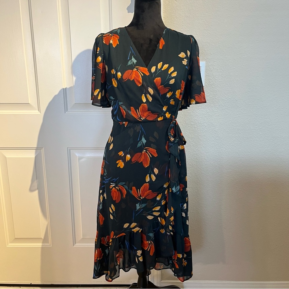 Calvin Klein Dark Green and Orange Floral Midi Dress - Picture 2 of 6